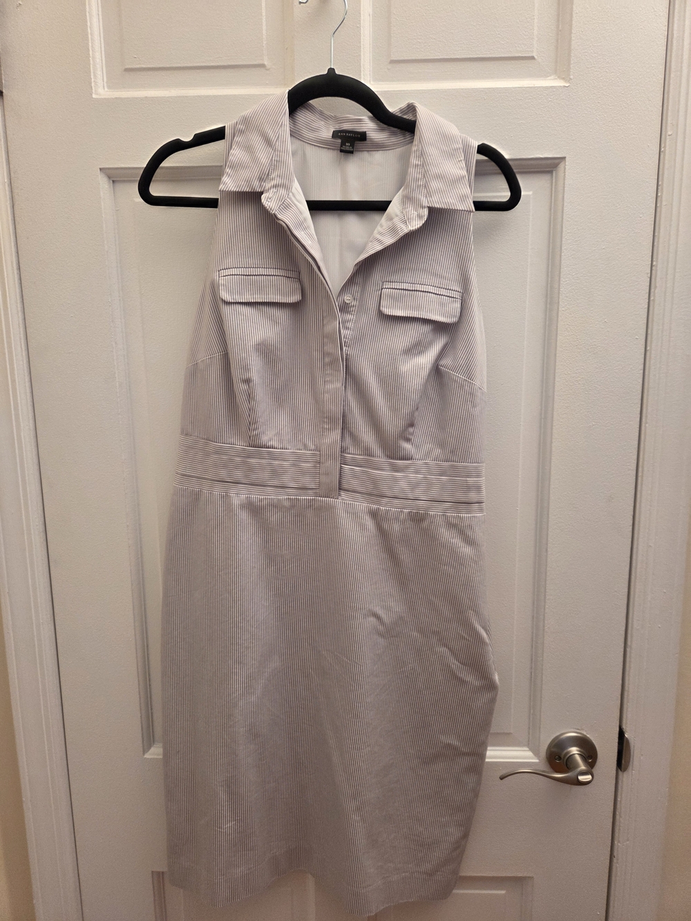 Ann Taylor Sleeveless Shirt Dress in Light Gray Stripe